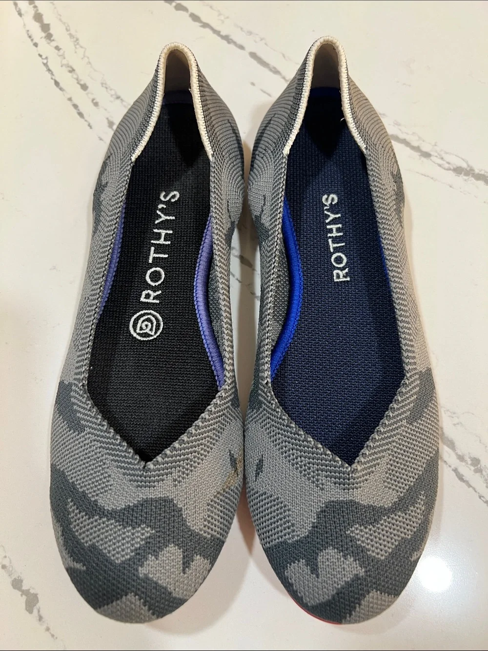 Rothy's Gray Camouflage Slip-On Ballet Flats with Red Sole size 7